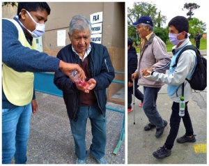 J&Oacute;VENES VOLUNTARIOS ASISTEN A PERSONAS ADULTAS MAYORES EN LAS FILAS DE LOS BANCOS
