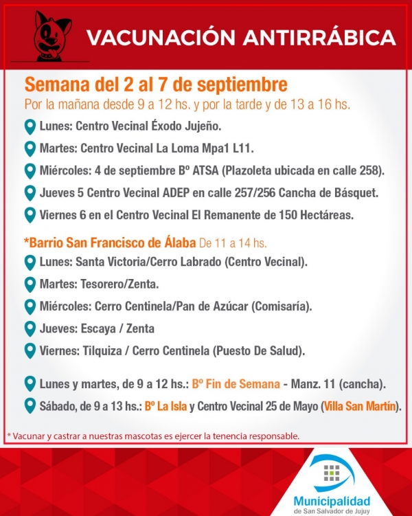 VACUNACI&Oacute;N ANTIRR&Aacute;BICA: DEL 2 AL 7 DE SEPTIEMBRE