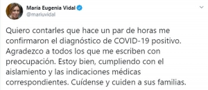 Mari Eugenia Vidal di&oacute; postivo en Coronavirus