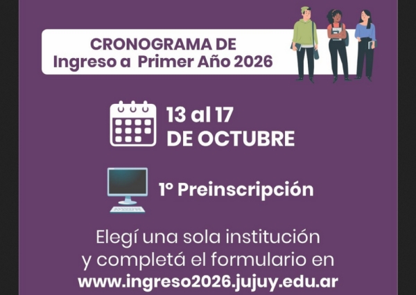 Ingreso a 1&deg; a&ntilde;o. Del 13 al 17 de octubre se realiza la preinscripci&oacute;n