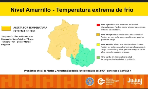 Alerta amarilla por frio extremo y vientos en Jujuy