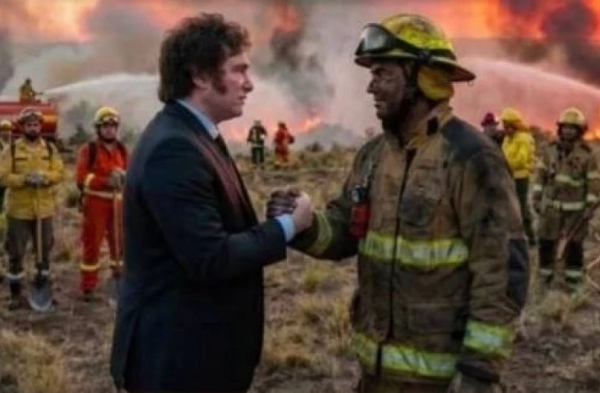 Milei agradece a los bomberos de la Patagonia con una foto trucada, pero les redujo el presupuesto un 80 por ciento