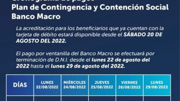 Cronograma de pagos para beneficiarios del Plan de Contingencia