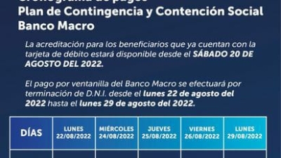 Cronograma de pagos para beneficiarios del Plan de Contingencia