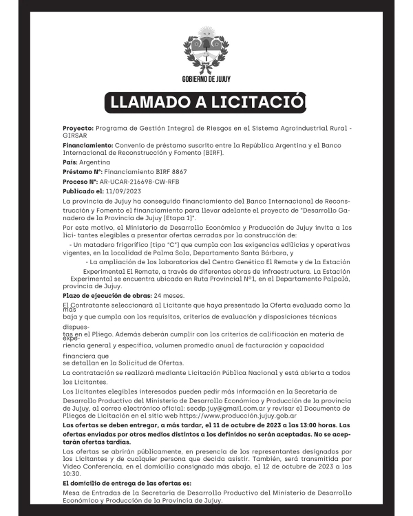 Llamado a licitaci&oacute;n para el programa GIRSAR
