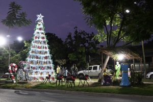 Se encendi&oacute; el &aacute;rbol &iacute;cono realizado con material reciclado en el barrio Alto Comedero