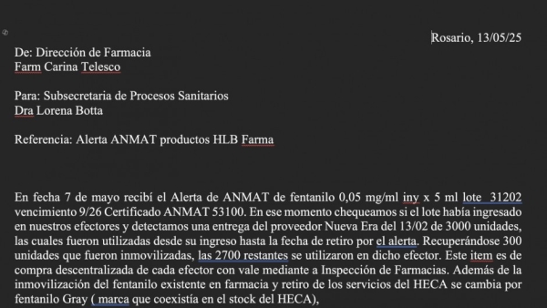 El documento que revela que Rosario detect&oacute; el fentanilo contaminado en febrero y la Anmat no hizo nada hasta mayo