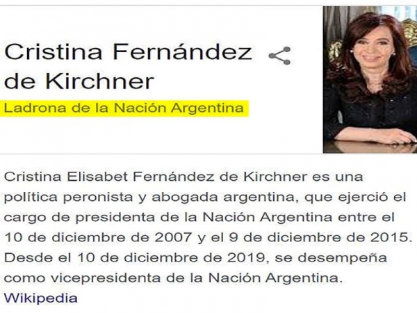 Cristina Kirchner denunci&oacute; a Google porque figur&oacute; como &ldquo;ladrona de la Naci&oacute;n Argentina&rdquo;