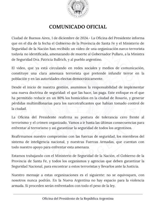 La respuesta del Gobierno tras la amenaza del narcoterrorismo a Bullrich: &ldquo;No se equivoquen, con nosotros nunca podr&aacute;n&rdquo;