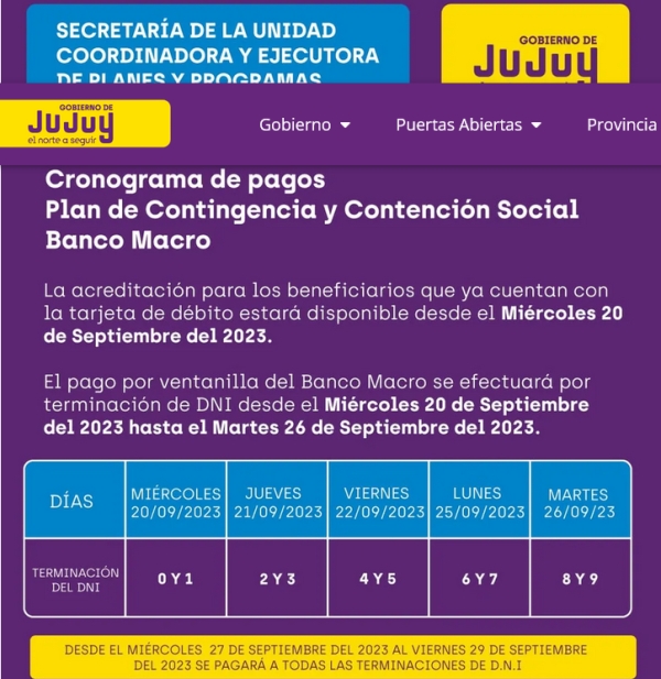 Cronograma de pagos de Plan de Contingencia y Contenci&oacute;n Social