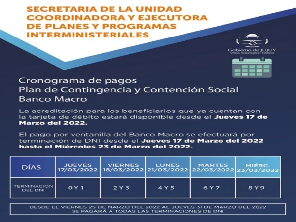 Pagos para beneficiarios del Plan de Contingencia