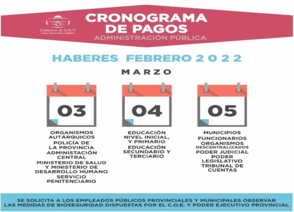 Estatales juje&ntilde;os cobran desde el 3 de marzo