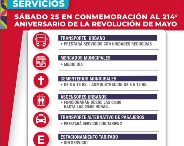 Servicios municipales por el feriado del 25 de mayo
