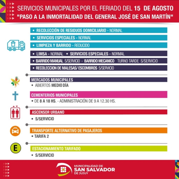 Servicios municipales por el feriado nacional del d&iacute;a 15 de agosto