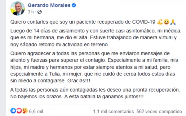 Gobernador Morales ya es un paciente Covid recuperado