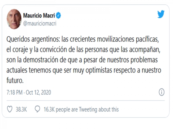 Por Twitter, Macri elogi&oacute; la protesta opositora