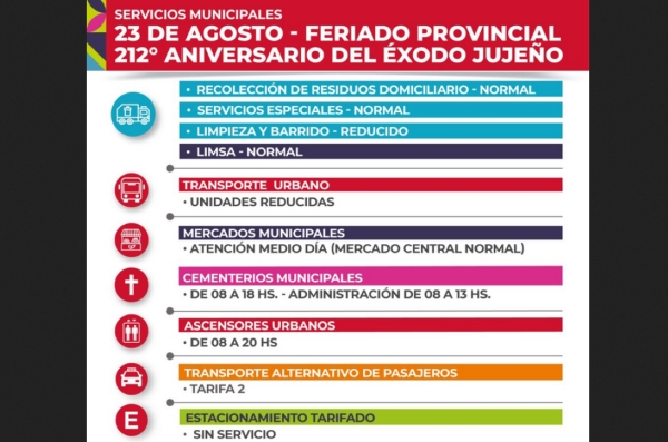 23 de agosto.Servicios municipales durante el feriado provincia
