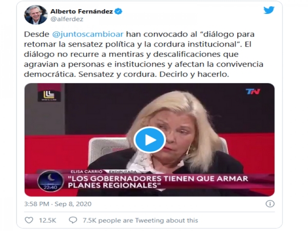 El Presidente critic&oacute; dichos de Carri&oacute; y pidi&oacute; "sensatez y cordura" a Juntos por el Cambio