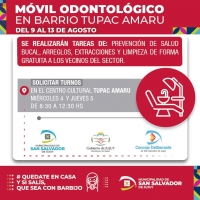 El M&oacute;vil Odontol&oacute;gico atender&aacute; en el barrio Tupac Amaru del 9 al 13 de agosto