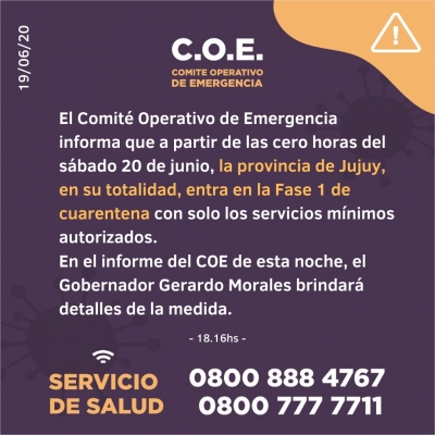 Jujuy: toda la provincia regresa a la fase 1 de la cuarentena desde las 0 del s&aacute;bado