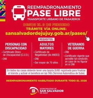 reempadronamiento para el Pase Libre de personas con discapacidad, adultos mayores y veteranos de guerra