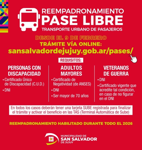 reempadronamiento para el Pase Libre de personas con discapacidad, adultos mayores y veteranos de guerra